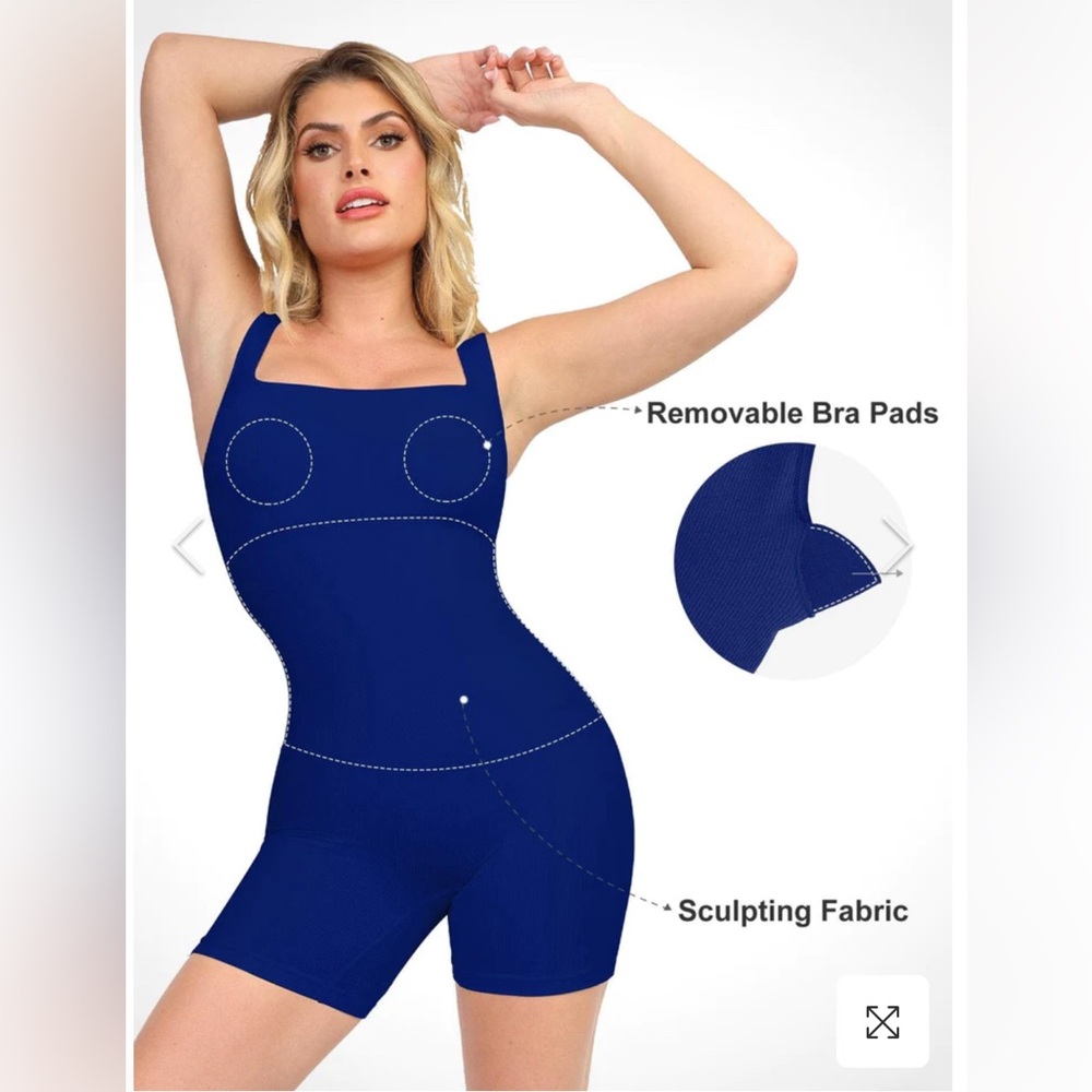 POPILUSH Seamless Square Neck One Piece Sport Romper Or Jumpsuit Shorts in Blue